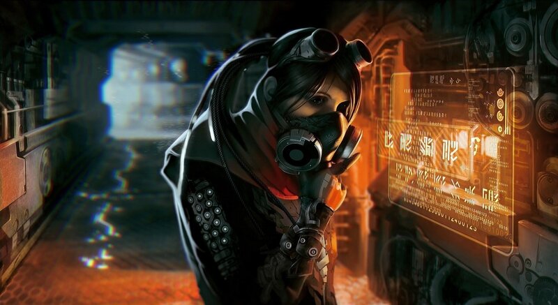 Person in Gas Mask — Black, Dramatic, Digital Art, Gas Mask, Holographic Display, Tunnel