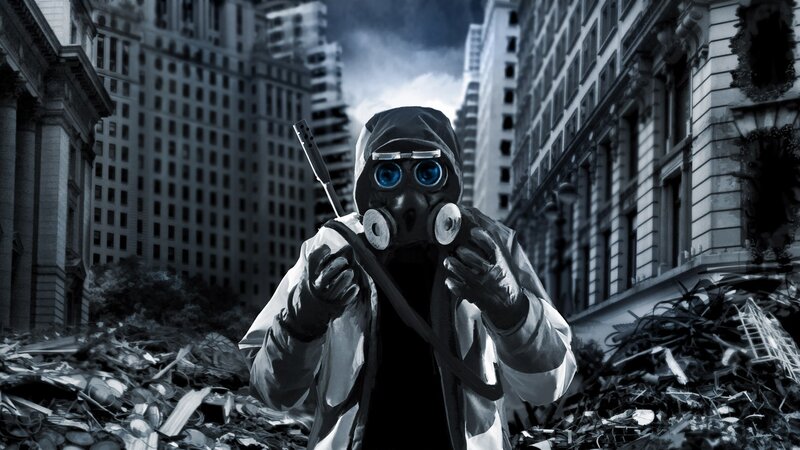 Person in Gas Mask — Black, Dramatic, Digital Art, Gas Mask, Rubble