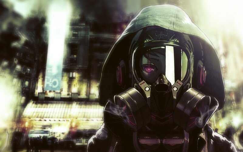 Person in Gas Mask — Black, Dramatic, Night, Anime