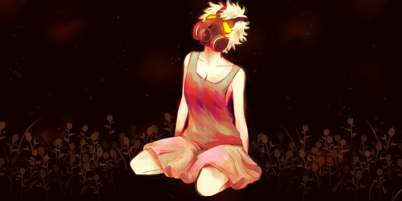 Person in Gas Mask — Black, Dramatic, Night, Digital Art, Gas Mask, Flowers