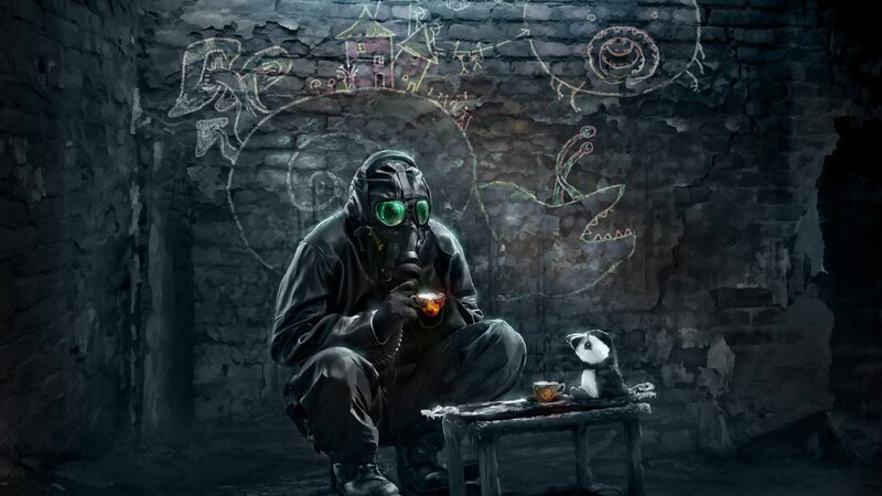 Person in Gas Mask — Black, Dramatic, Night, Digital Art, Penguin Toy