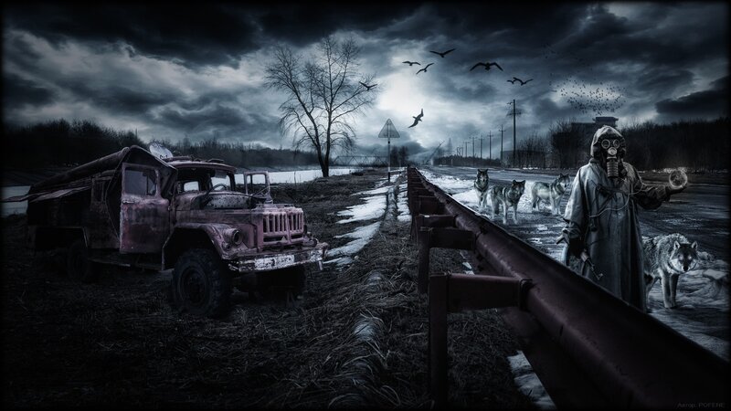 Person in Gas Mask — Black, Dramatic, Night, Digital Art, Truck