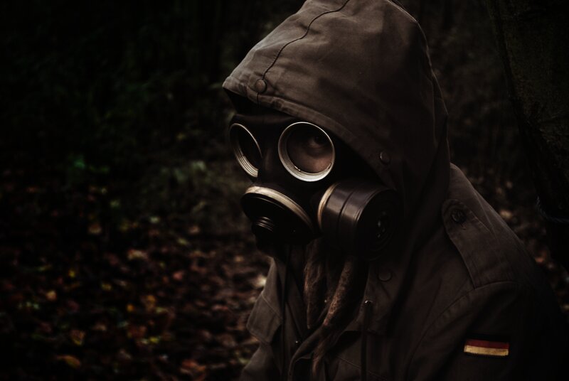 Person in Gas Mask — Black, Dramatic, Night, Photograph