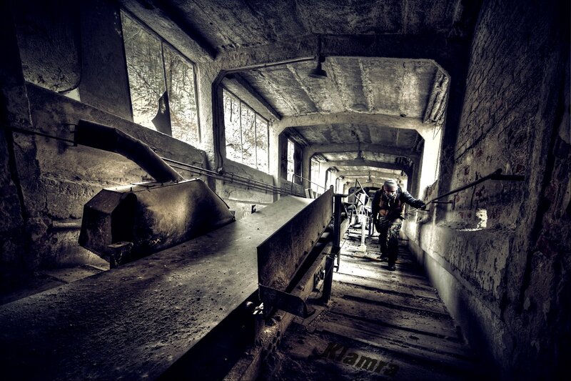 Person in Gas Mask — Black, Dramatic, Photograph, Concrete Tunnel