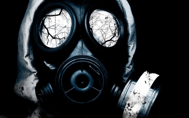 Person in Gas Mask — Black, Dramatic, Photograph, Gas Mask, Trees