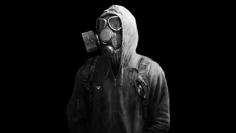 Person in Gas Mask — Black, Dramatic, Photograph, Hoodie, Backpack, Goggles