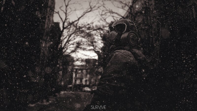 Person in Gas Mask — Black, Dramatic, Winter, Photograph