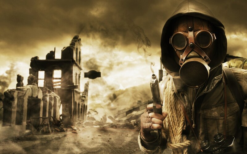 Person in Gas Mask — Brown, Dramatic, Digital Art, Gun