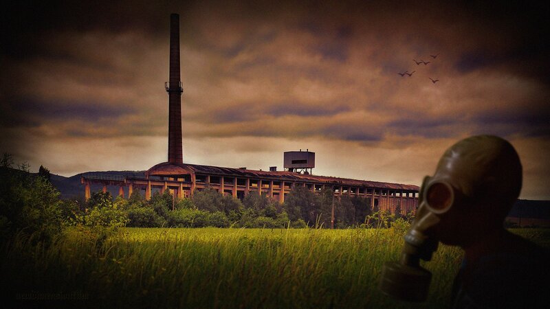 Person in Gas Mask — Brown, Dramatic, Sunset, Photograph
