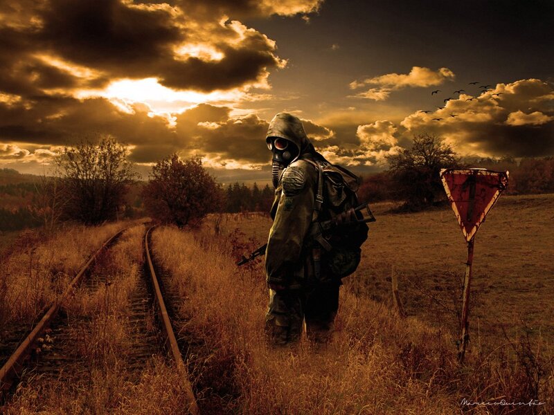 Person in Gas Mask — Brown, Dramatic, Sunset