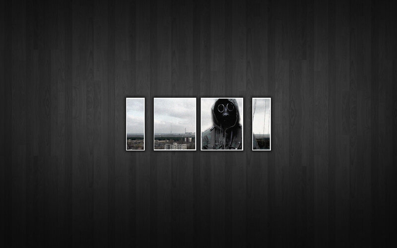 person in gas mask collage