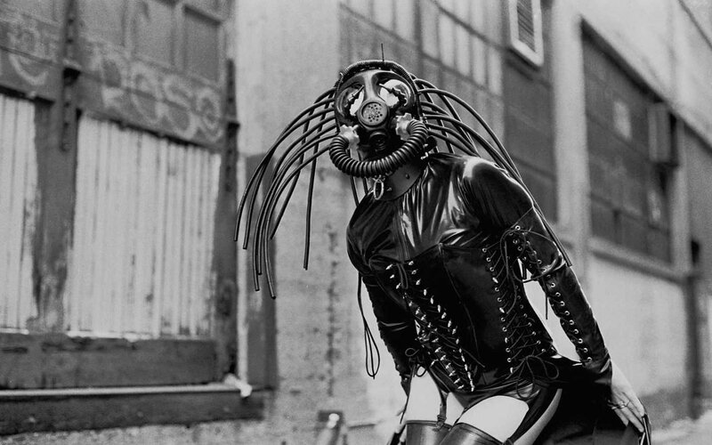 person in gas mask costume