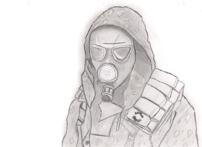 person in gas mask drawing