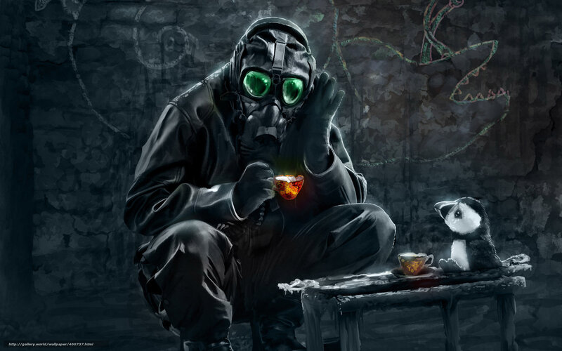 person in gas mask drinking tea