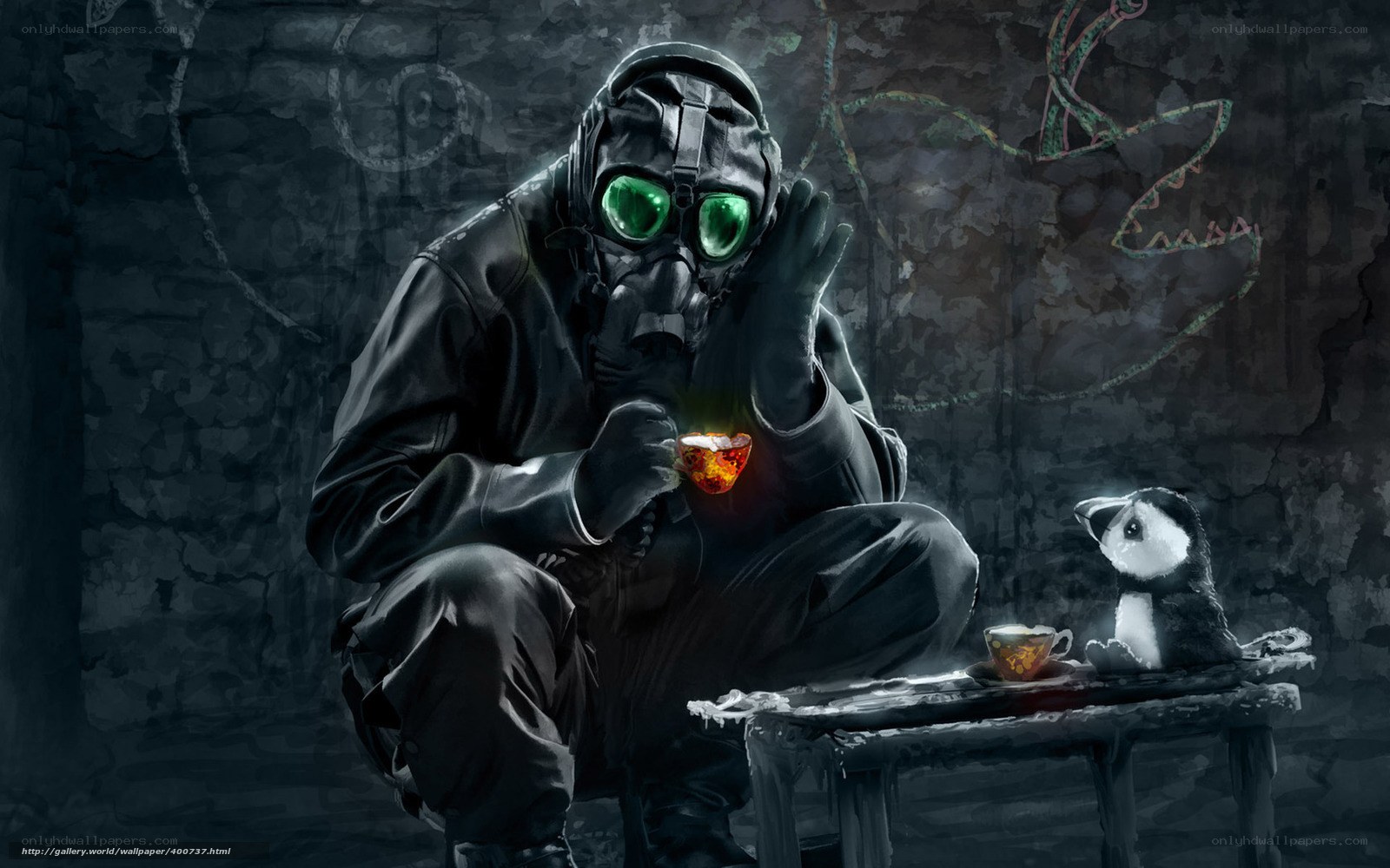 person in gas mask drinking tea