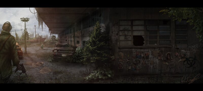 Person in Gas Mask — Gray, Dramatic, Afternoon, Digital Art, Abandoned Building, Ruined Car