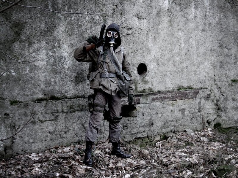 Person in Gas Mask — Gray, Dramatic, Autumn