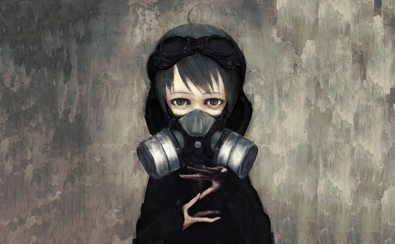 Person in Gas Mask — Gray, Dramatic, Digital Art, Gas Mask, Goggles, Wall