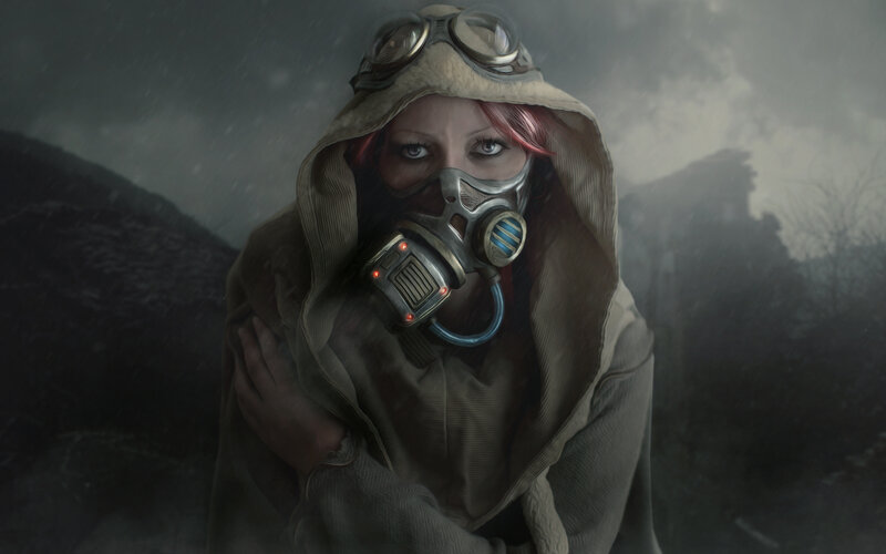 Person in Gas Mask — Gray, Dramatic, Digital Art