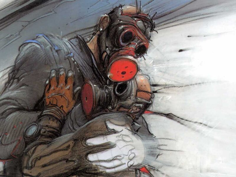 Person in Gas Mask — Gray, Dramatic, Illustration