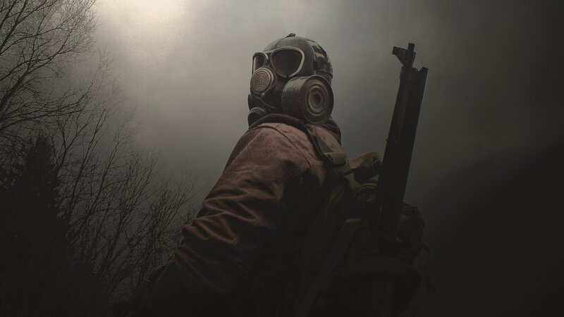 Person in Gas Mask — Gray, Dramatic, Night, Photograph
