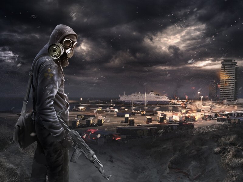 Person in Gas Mask — Gray, Dramatic, Night