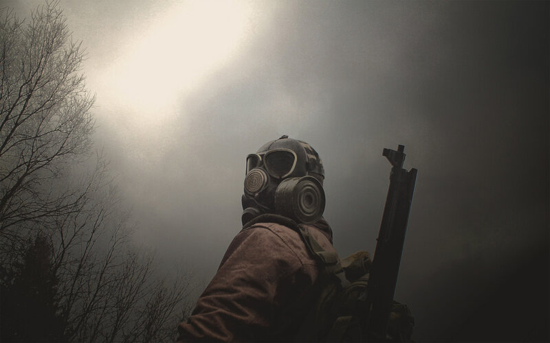 Person in Gas Mask — Gray, Dramatic, Photograph, Gun