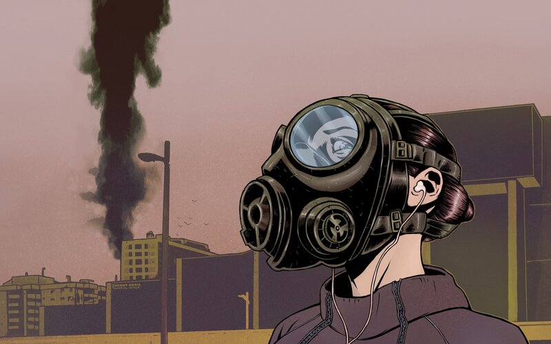Person in Gas Mask — Gray, Dramatic, Sunset