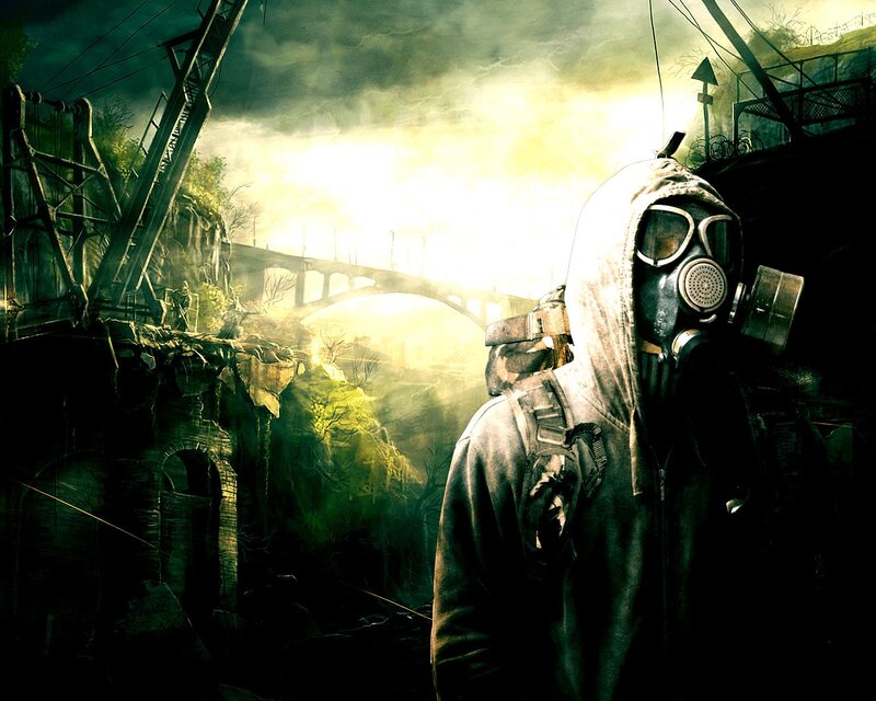Person in Gas Mask — Green, Dramatic, Sunset