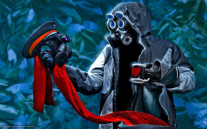 person in gas mask holding hat and mug