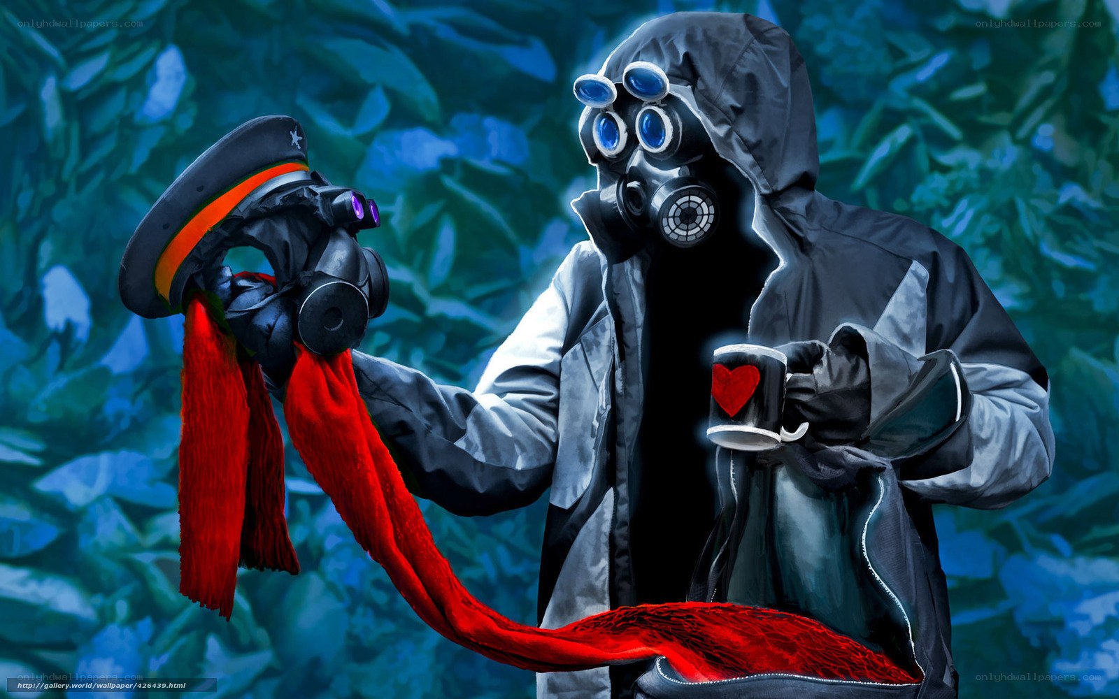 person in gas mask holding hat and mug
