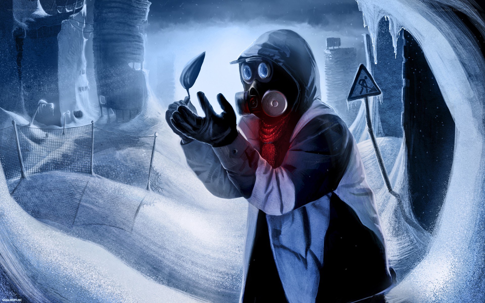 person in gas mask holding leaf