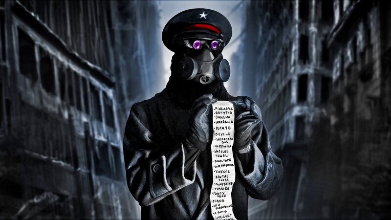 person in gas mask holding list