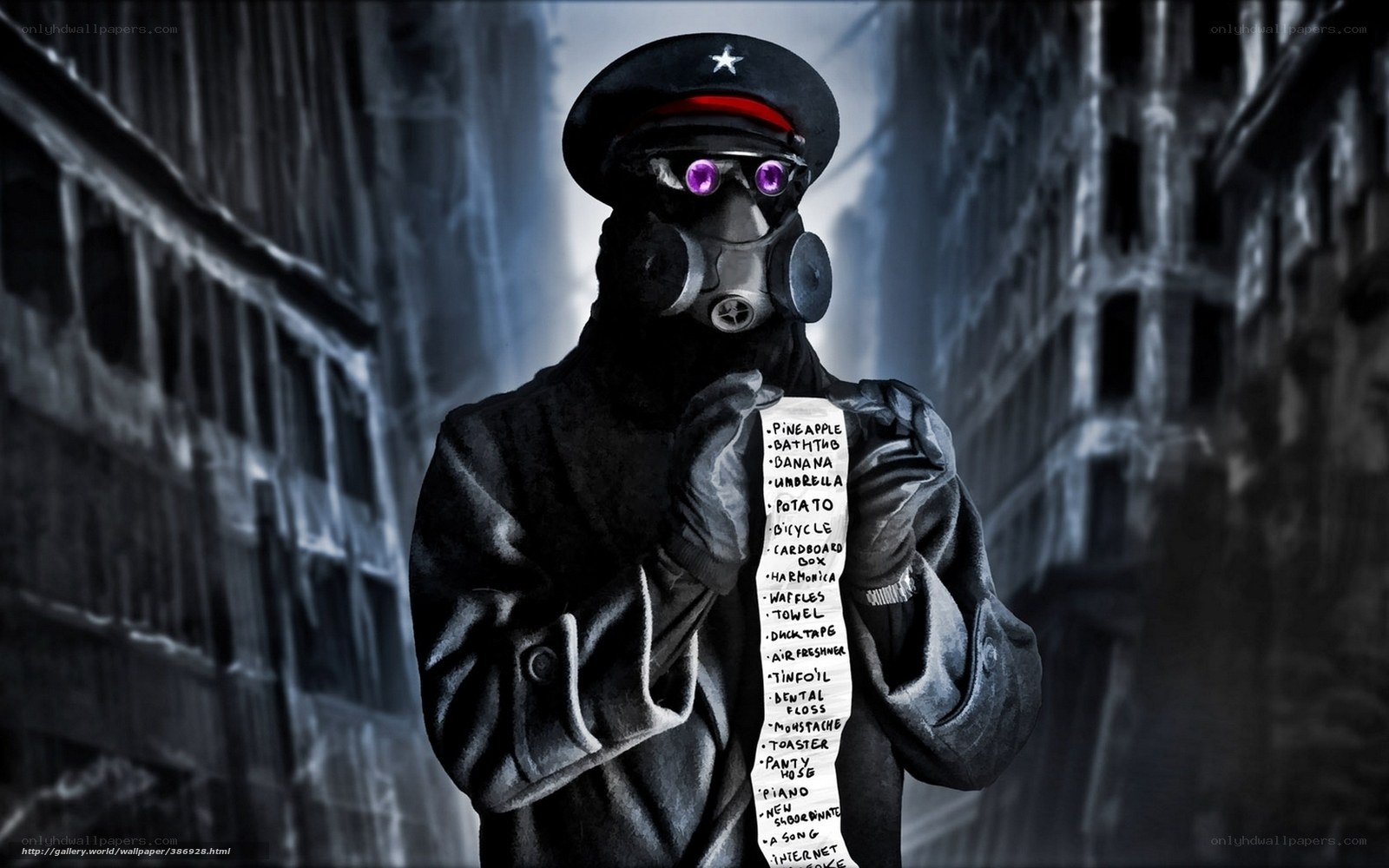 person in gas mask holding list