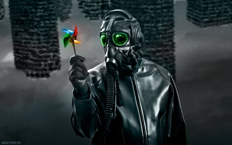 person in gas mask holding pinwheel
