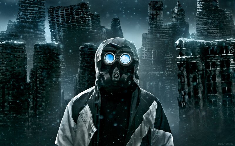 person in gas mask in ruins