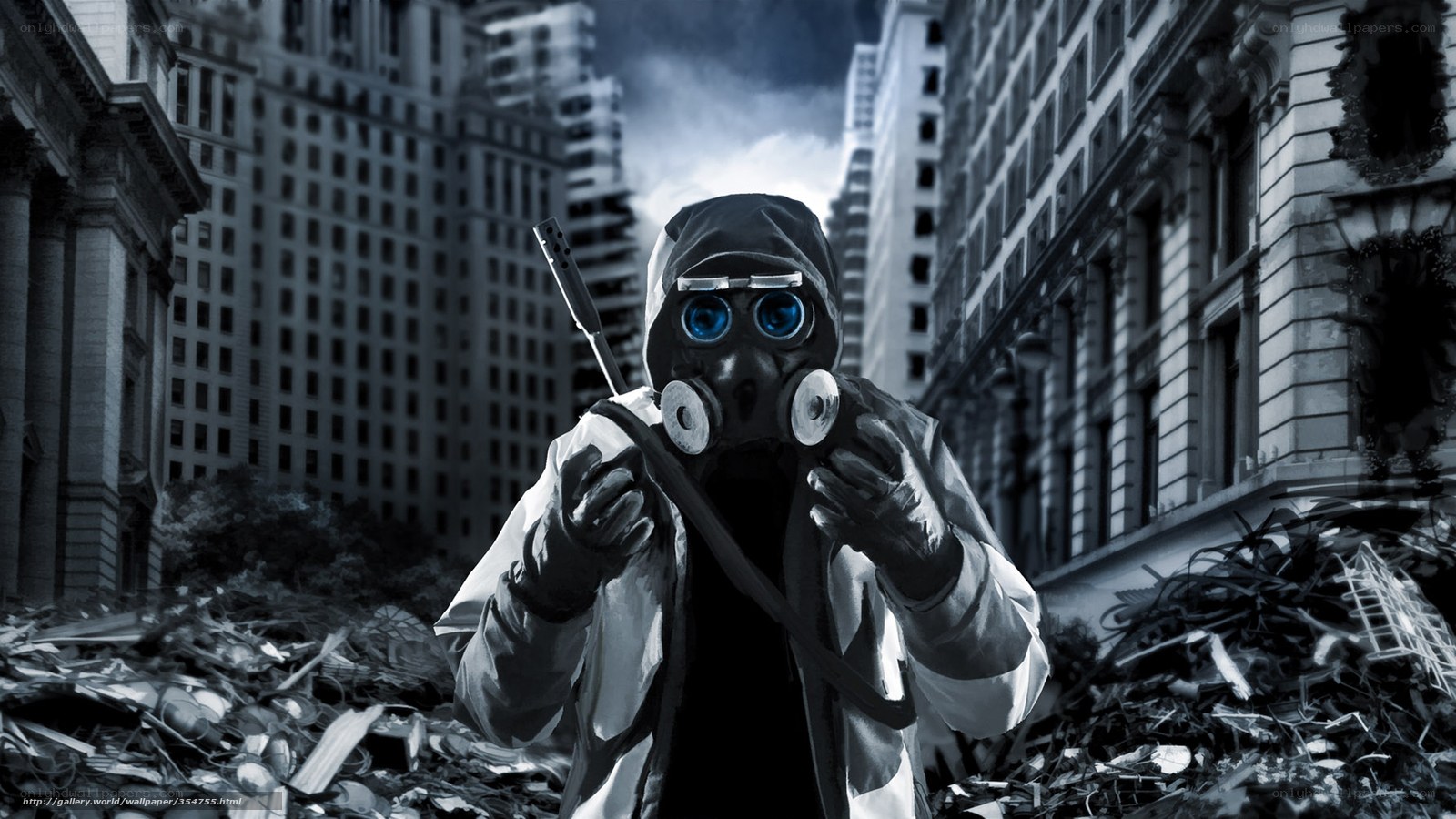 person in gas mask in ruins