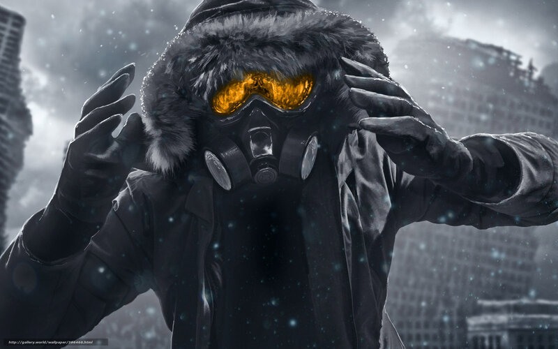 person in gas mask in snow