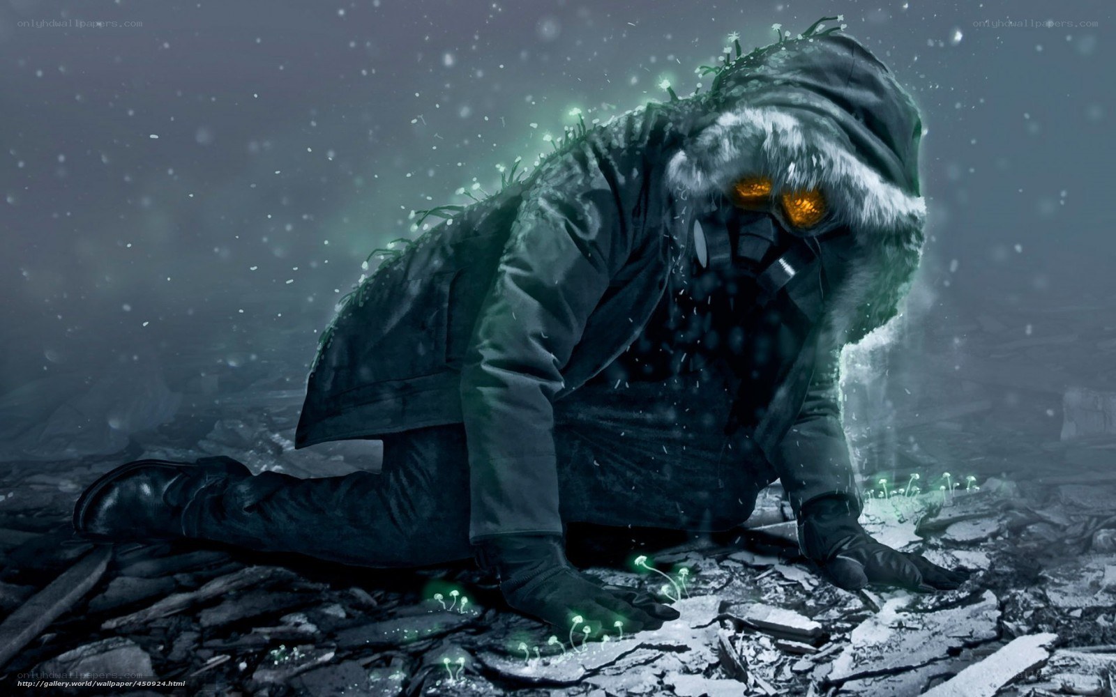 person in gas mask kneeling