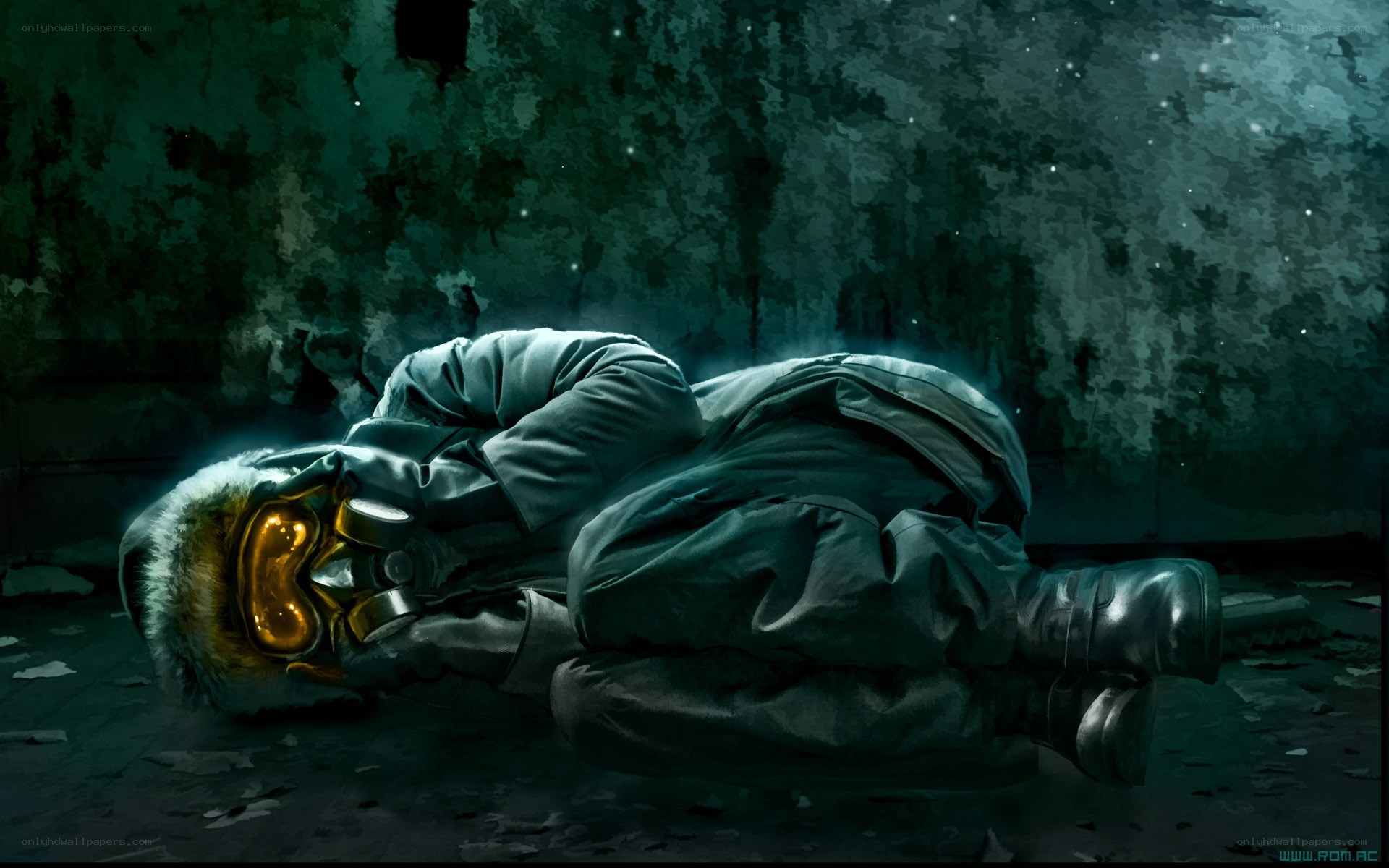 person in gas mask lying down