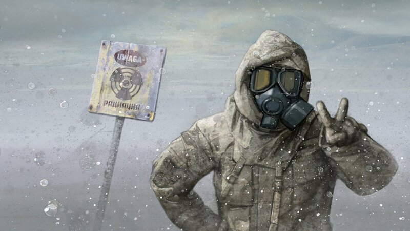 person in gas mask making peace sign