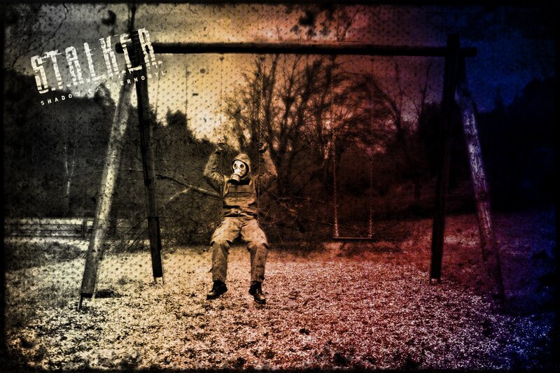 Person in Gas Mask on Swing — Brown
