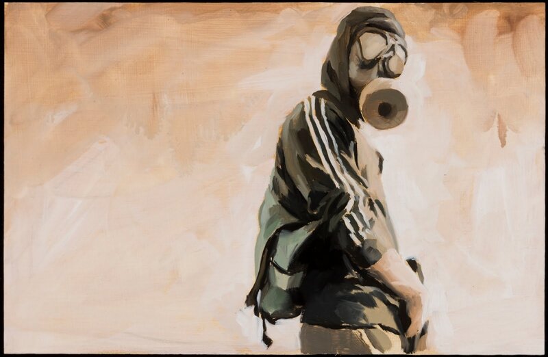 person in gas mask painting