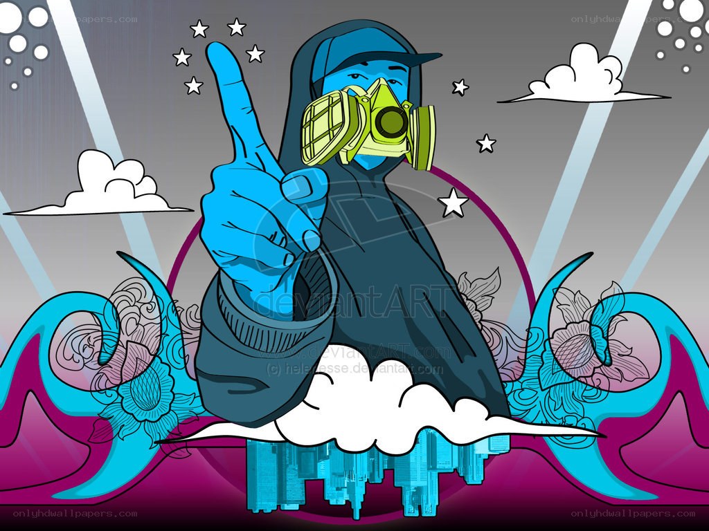person in gas mask pointing up