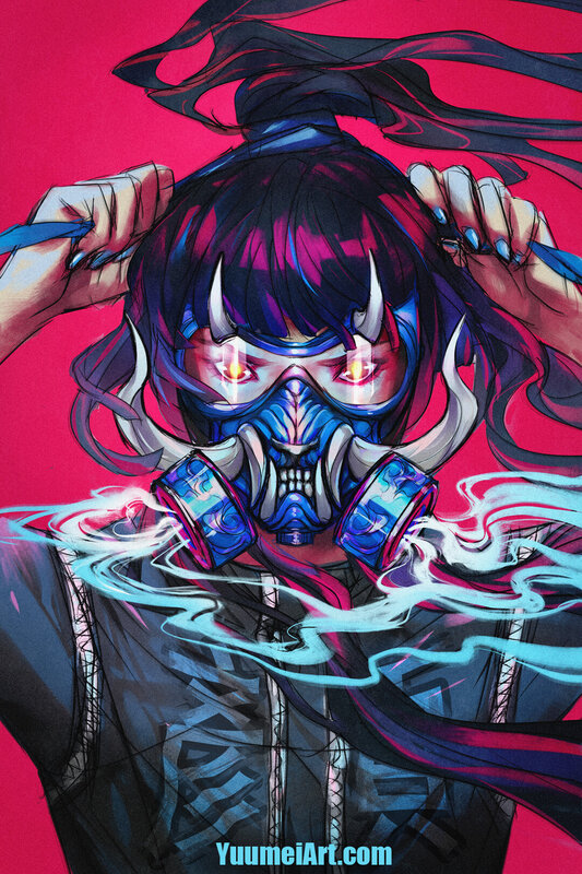 Person in Gas Mask — Red, Dramatic, Digital Art, Gas Mask, Glowing Eyes