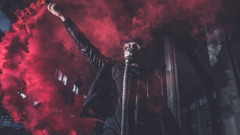 Person in Gas Mask — Red, Dramatic, Night, Photograph, Red Smoke