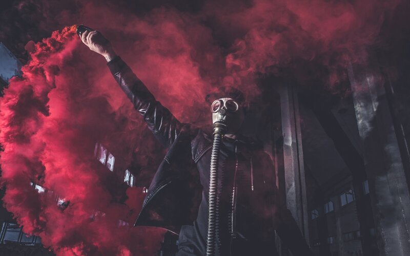 Person in Gas Mask — Red, Dramatic, Night, Photograph