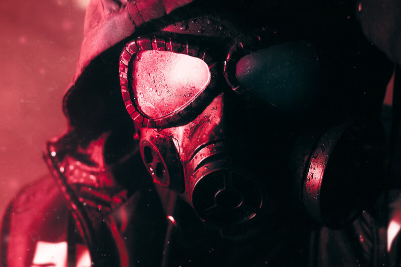 Person in Gas Mask — Red, Dramatic, Photograph