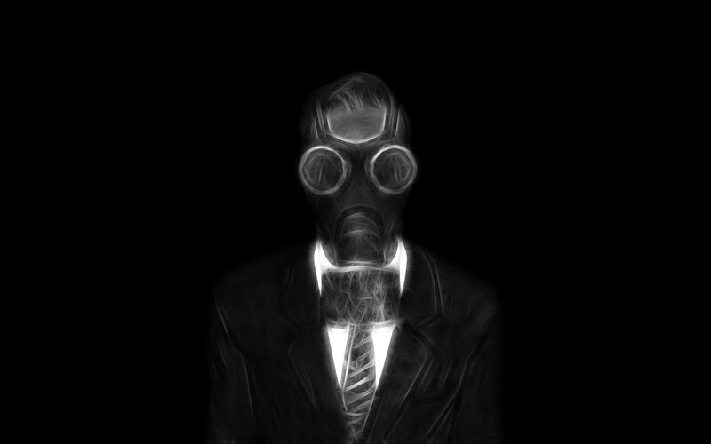 person in gas mask suit