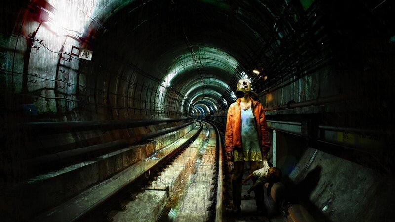 person in gas mask tunnel